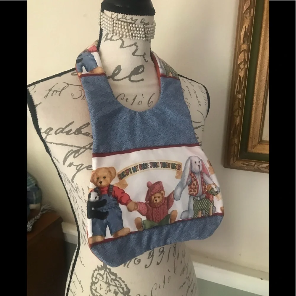 Rare Daisy Kingdom Blue Jean Teddy Bear Quilt Bib
